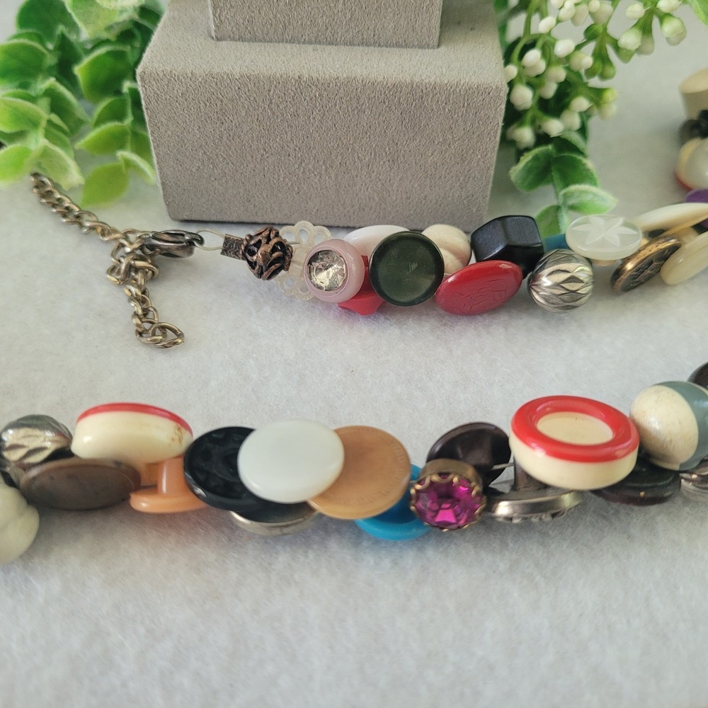 Artisan Vintage Button Necklace Mixed Media Statement 20 Inch Assemblage
